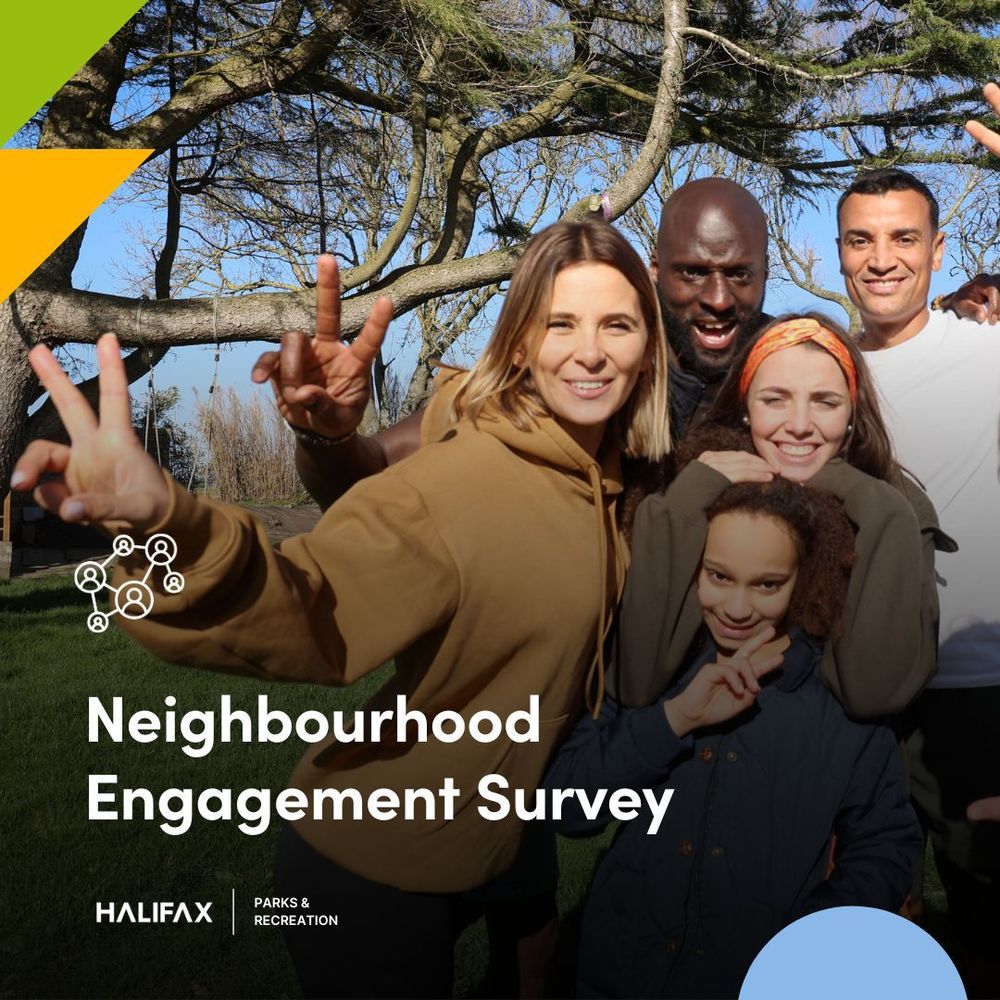 Alt text: A group of people standing outdoors in a park, posing for a photo with their faces blurred. They are making peace signs with their hands. The background features trees and a clear blue sky. Text on the image reads 'Neighbourhood Engagement Survey' alongside logos for 'HALIFAX' and 'Parks & Recreation.