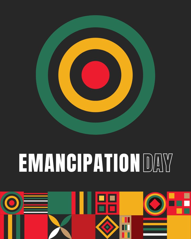 Caption reads "Emancipation Day" featuring circles in red, gold, green, and black. Decorative patterns in same colours line the bottom of the image.