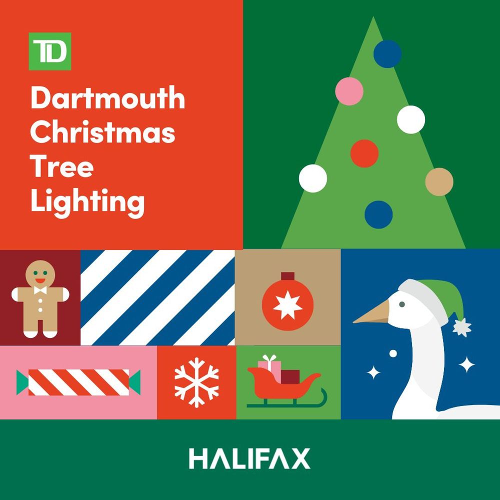 Graphic for TD Dartmouth Christmas Tree Lighting featuring a decorated tree, gingerbread man, candy, snowflake, sleigh, ornament, and goose in a festive hat.