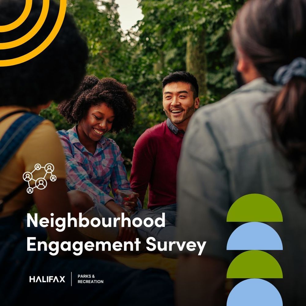 A photo of a group of neighbours, engaging outdoors in their community. Text reads: "Neighbourhood Engagement Survey" in white font.