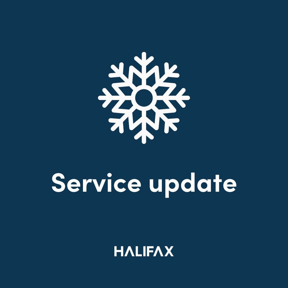 Navy blue background. White snowflake icon. Caption reads in white large writing: Service Update. Halifax Logo in white.