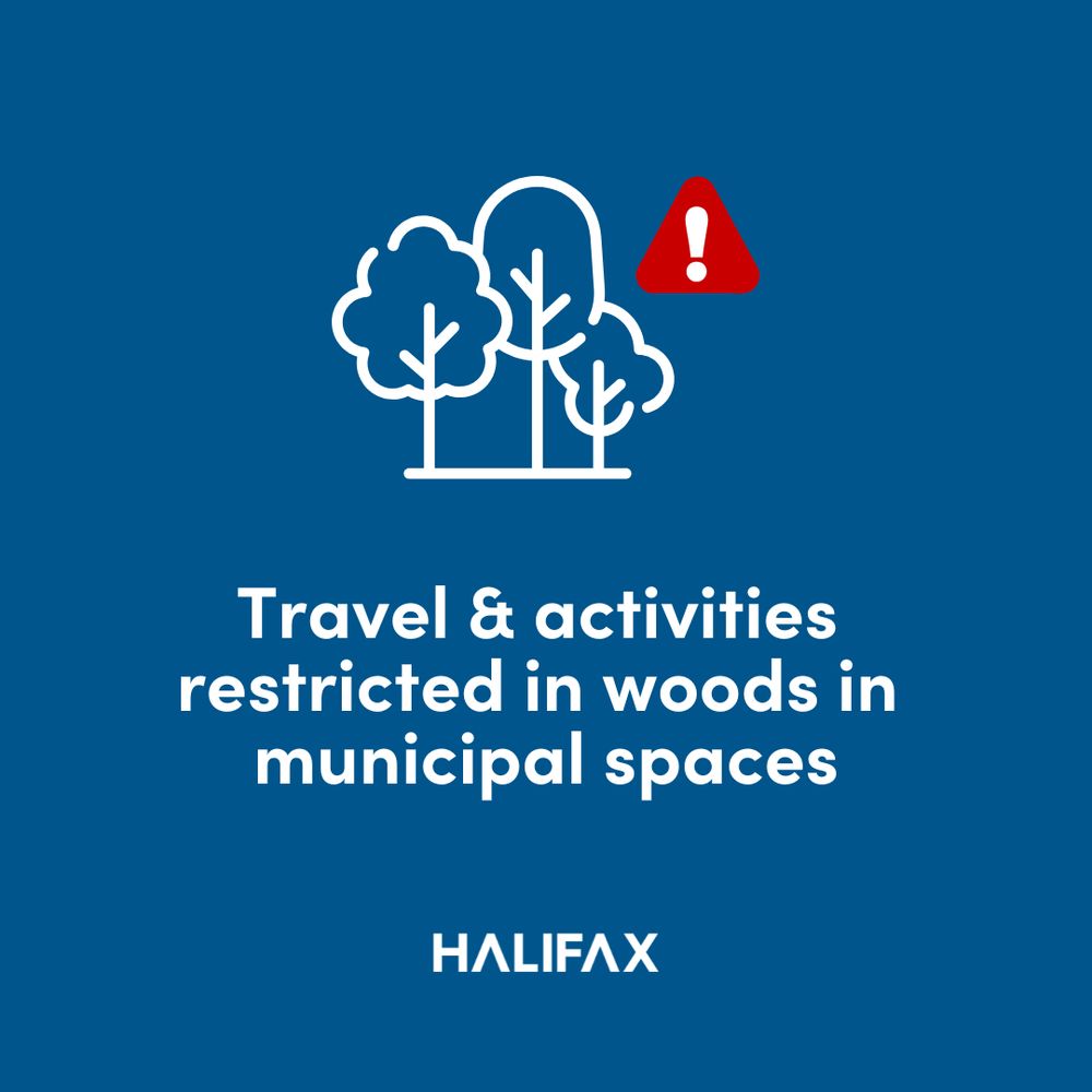 A blue background with an icon of trees and a red triangle with an exclamation mark in the centre, and the text ‘Travel & activities restricted in woods in municipal areas’. 