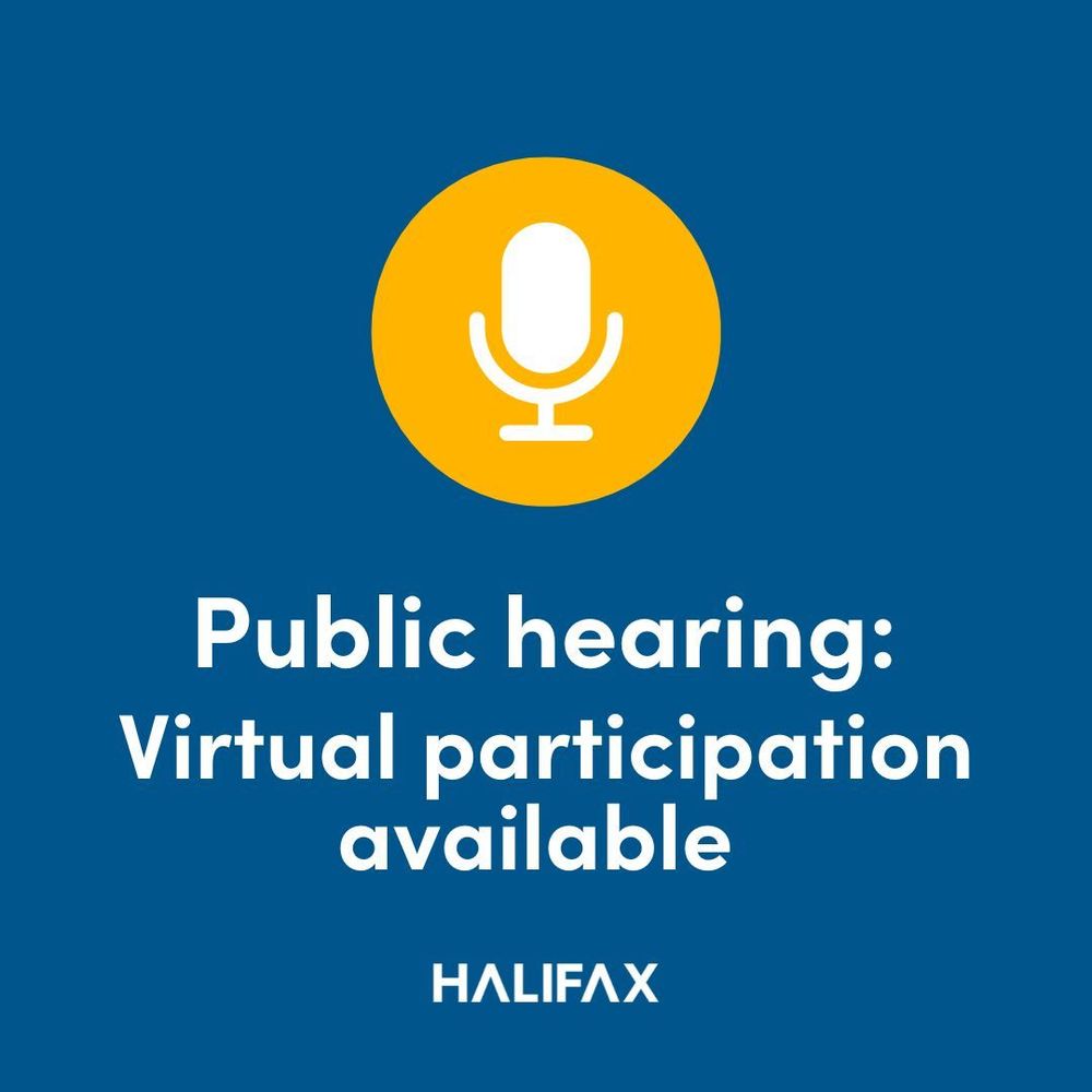 A blue background with a yellow microphone icon. Text reads: "Public Hearing: Virtual participation available" in white font. 