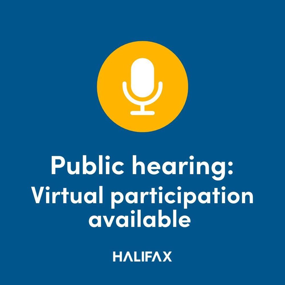 A blue background with a yellow microphone icon. Text reads: "Public Hearing: Virtual participation available" in white font. 