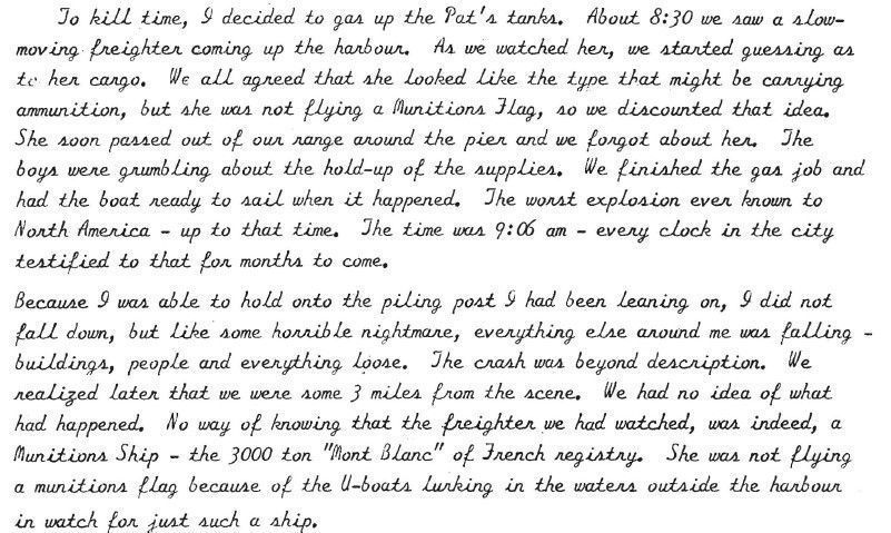 A scanned snippet of Lemuel Allen's first-hand account of the Halifax Explosion.