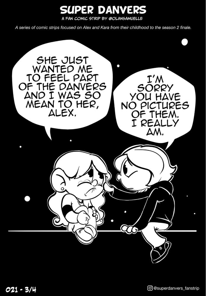 Kara cries while Alex tries to comfort her.
Kara: she just wanted me to feel part of the Danvers and I was so mean to her, Alex.
Alex: I’m sorry you have no pictures of them, I really am.