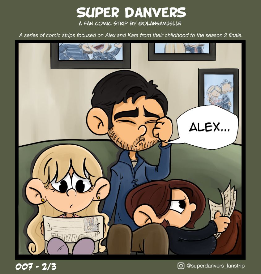 Kara looks at the newspaper, Jeremiah facepalms and Alex looks at her book.
Jeremiah: Alex…