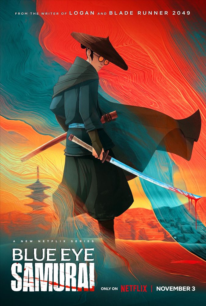 Series ‘Blue eye samurai’ poster featuring main character clad in blue and wearing glasses. In the background, a Japanese landscape featuring a pagoda.