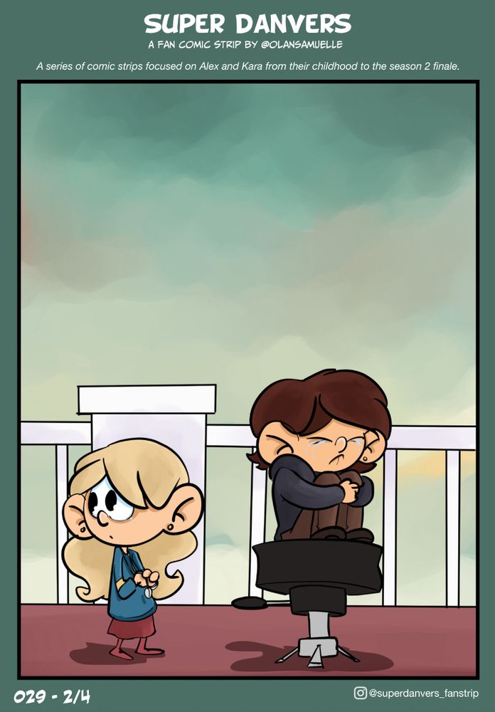 Same setting as the previous panel. Alex is still on the stool, grieving her dad. Kara now is looking away, as if thinking of something.