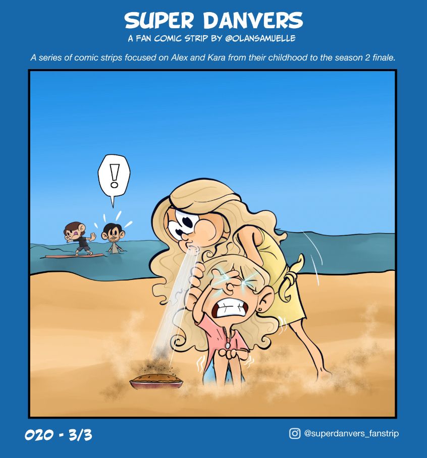 Jeremiah and Alex are at sea in the background. Alex is standing on her surfboard.
In the foreground, Kara looks scared as she covers her eyes trying to contain her heat vision ad Eliza is trying to put out a small fire on the pie Kara accidentally burned.