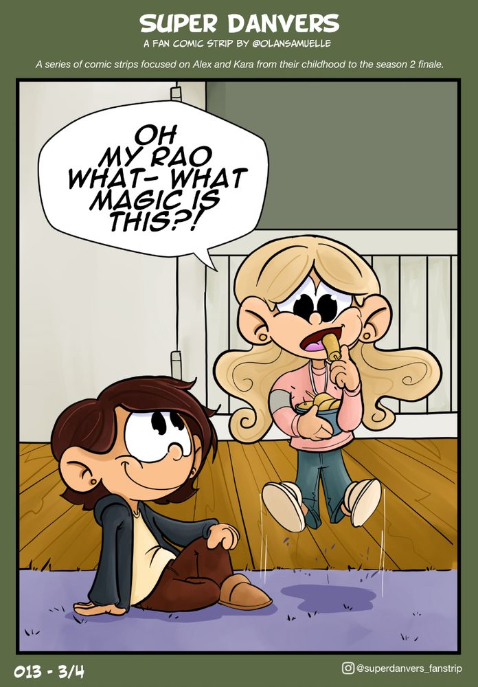 Alex is sitting on the rug smiling while Kara, holding the bowl, tries a potsticker and floats up with excitement.
Kara: oh my Rao, what—what magic is this?!