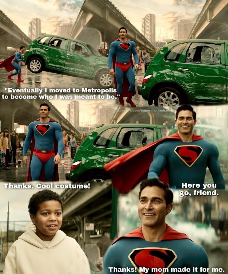 A series of 6 shots set in daytime Metropolis near a bridge showing Superman saving people from a car falling and giving a young boy the cap he lost. 

The boy thanks him, comments on his costume and a smiling Superman tells him his mom made it for him.