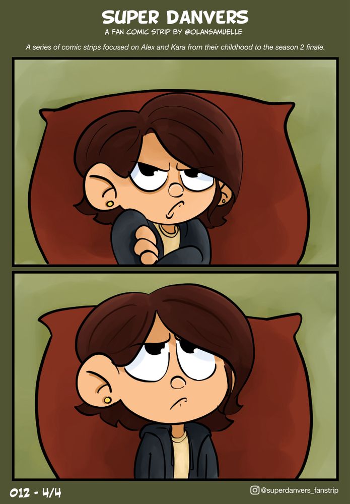 Panel fragmented in two. On the top half, middle close-up of Alex, arms crossed and looking angry.
On the bottom half, middle close-up of Alex’s expression changing to a more empathetic face.