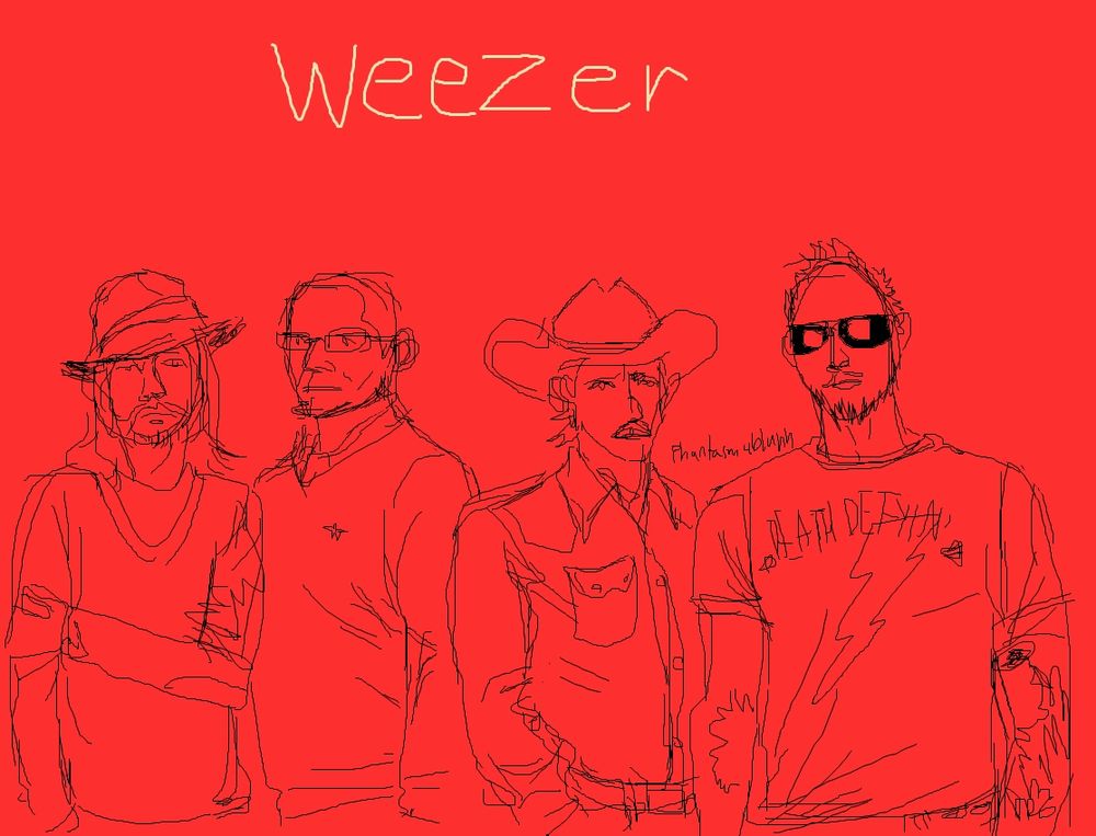 A drawing of Weezer's Red Album cover. The four dressed in various outfits and each posed differently.