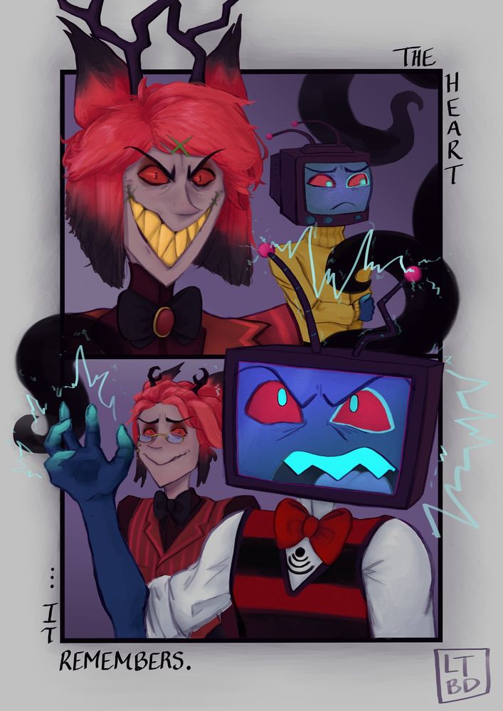 A digital painting of Vox and Alastor from Hazbin Hotel, their expressions towards each other are hostile while their younger selves look on from the background at how their friendship/relationship has devolved with sadness and discomfort.
There is text that wraps around the top right and bottom left corners, it reads: "The Heart... It Remembers"