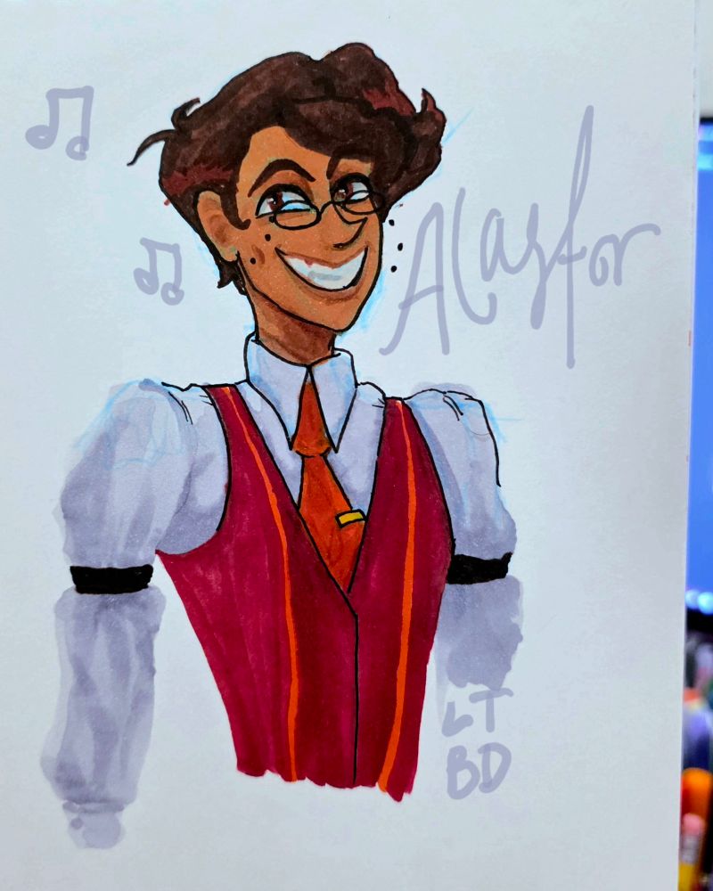 A little drawing of human Alastor, smiling.