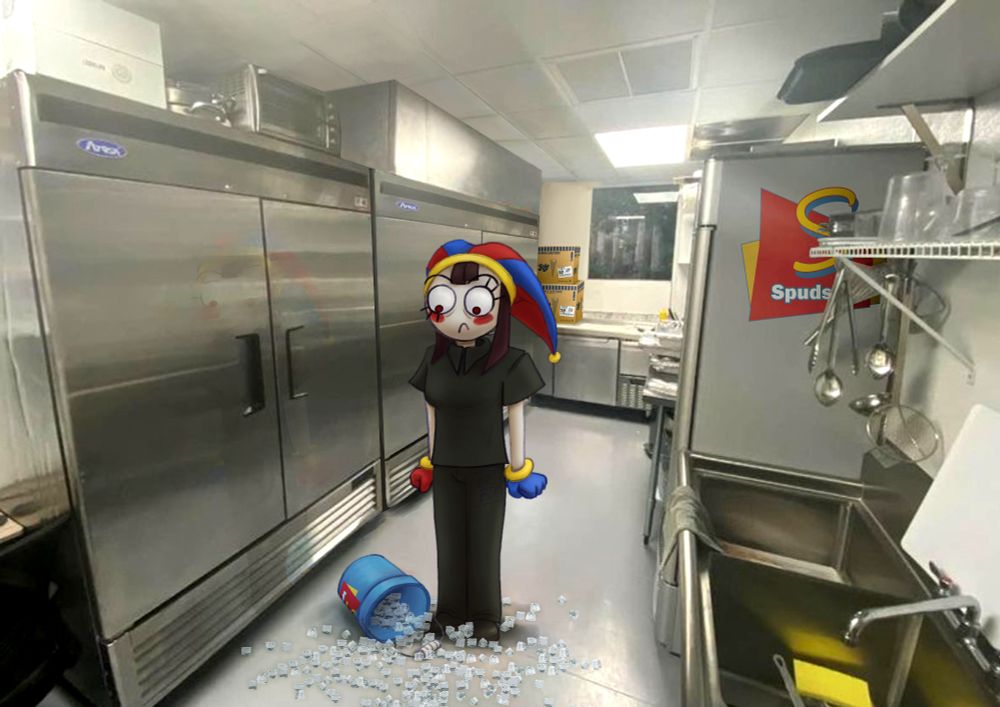 Pomni stands in the kitchen, a bucket of spilled ice at her feet. She looks down at it with an expression and posture of 'are you fucking serious. I need a break.' She's exasperated, frustrated, and trying not to freak out.