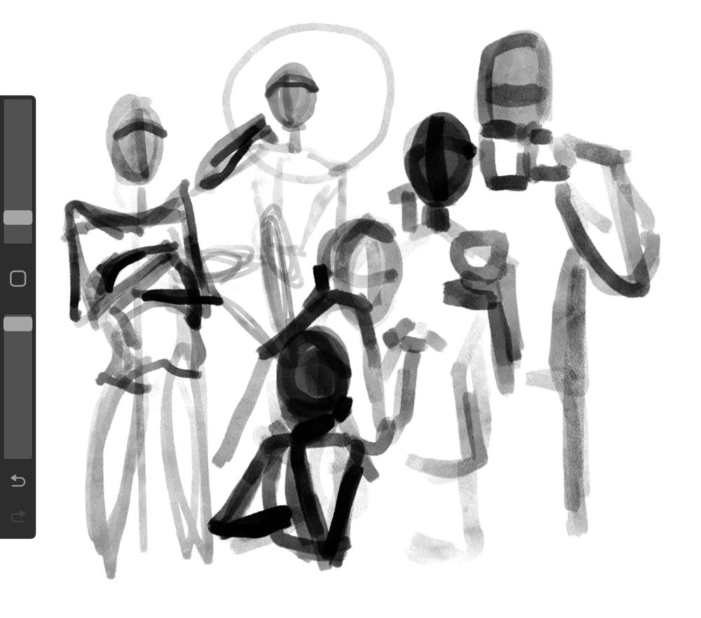 A page of very thick, rough sketches. Shapes are loosely mapped out to hint at figures standing, sitting, and holding invisible objects, but there is no detail or defining features. 