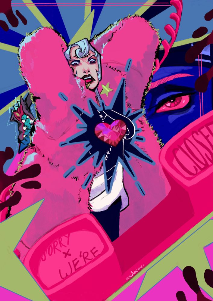 Art of Michelle from Sorry We're Closed holding her axe over her her head. A pink handheld phone falls in the foreground whole the duchess' eye makes up the background. 