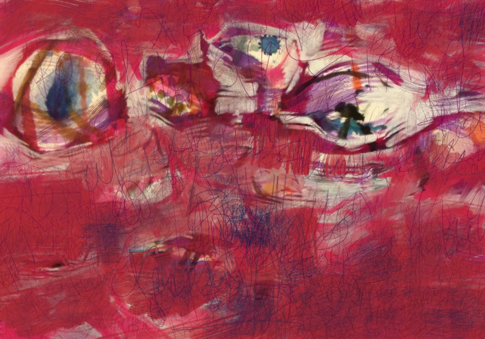 Mostly magenta background with hints of blue and orange underneath and rough smudges of white. Four haphazardly drawn globes that look like eyeballs line the canvas from left to right across the upper third of the composition. They are unevenly dispersed and unequal sizes. The ones on the far left and far right appear to be looking directly at the viewer. The third one from the left looks upward.