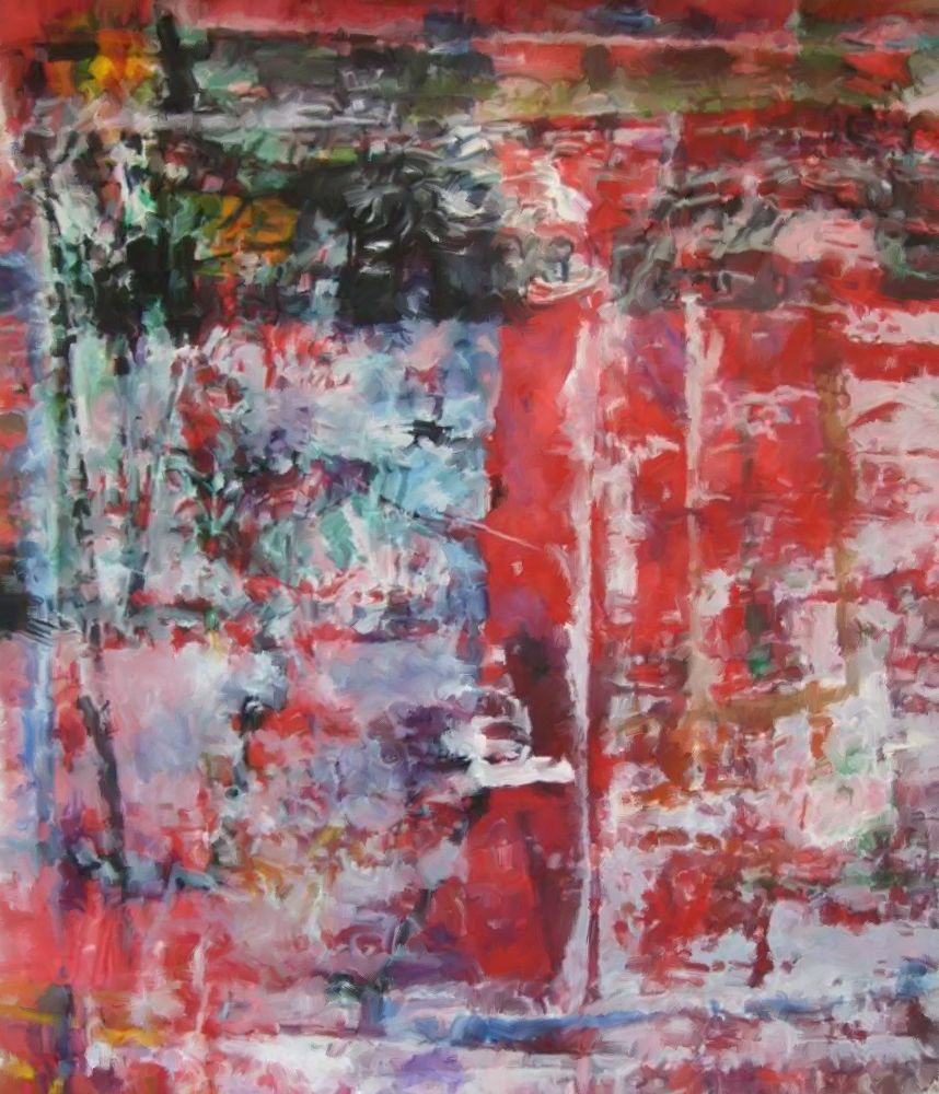 The composition is formed by angular brush marks in black, yellow, blue, and green over a red background, layered over each other between glazes of red and white scumbling. The broken color in areas with a lot of white are interrupted by a vertical column of red and are capped by a horizontal area of broken black, with two small bursts of orange at the upper left corner.