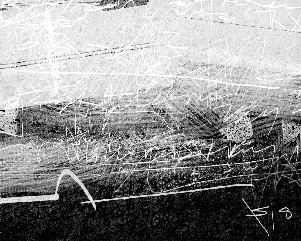 Black and white abstract scratchboard drawing, vaguely resembling a landscape, digitally manipulated to add illegible handwritten text to create texture in the upper 3/4 of the canvas. The bottom is dark gray with black scribbling. Noise has been added to give it a grainy quality.