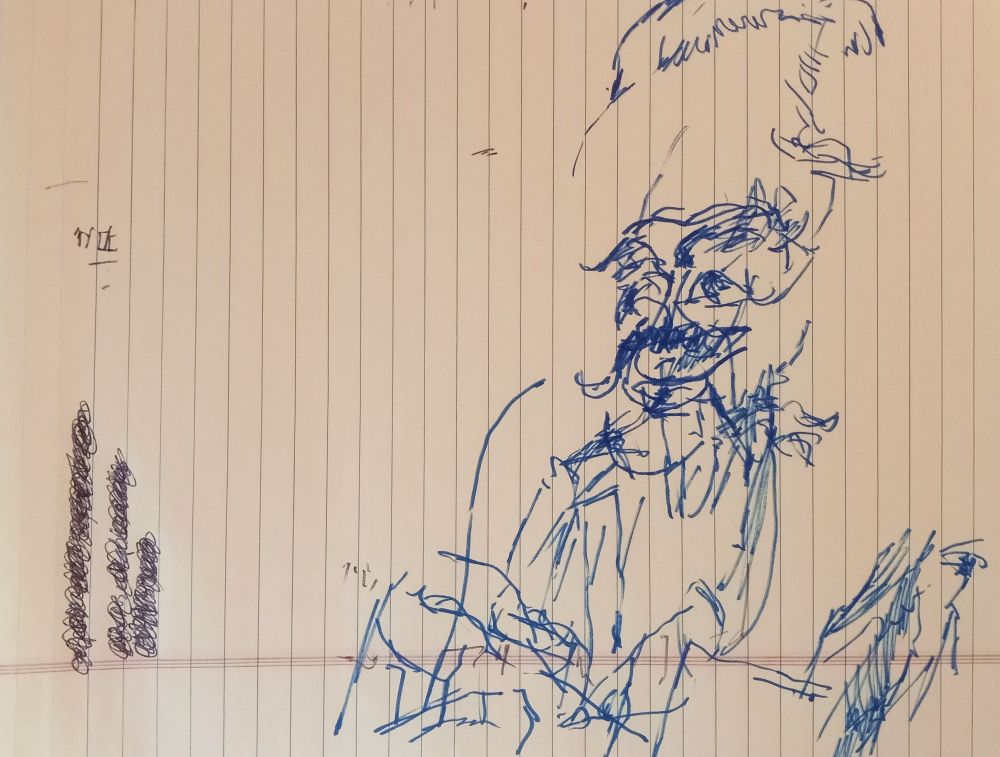 Line drawing on notebook paper. There is a scribbled out 3-item list on the left. On the right there is an extremely distorted character sketch done without looking at the paper.