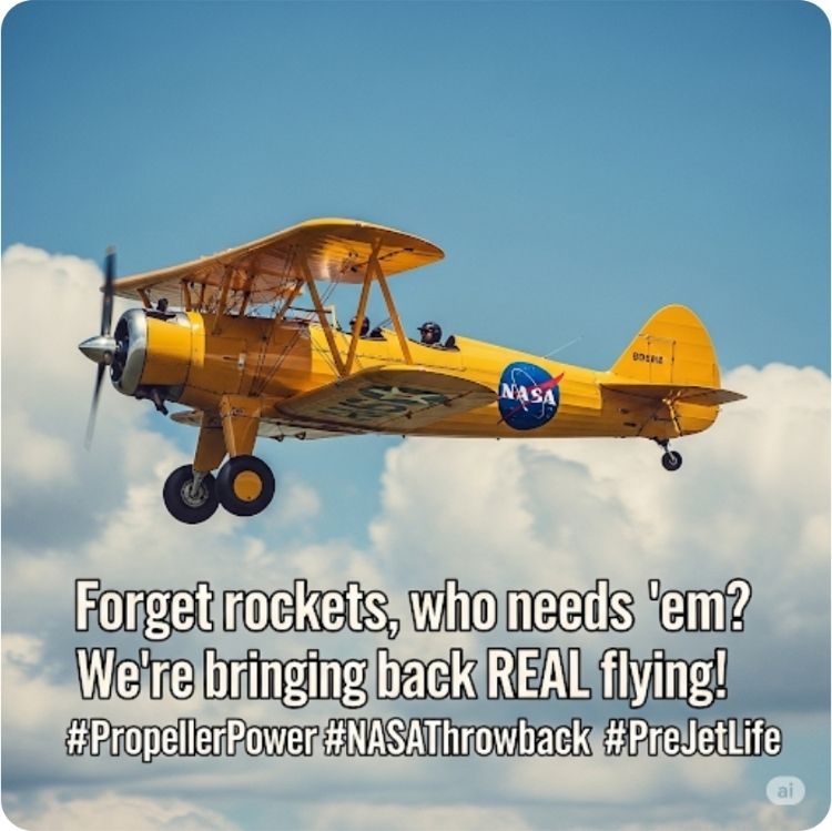 A yellow bi-plane with a NASA logo on the side above the words "Forget rockets, who needs 'em? We're bringing back Real flying!" 