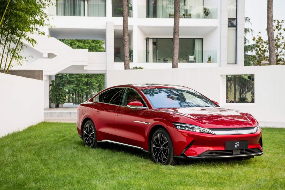 A red Han EV by BYD