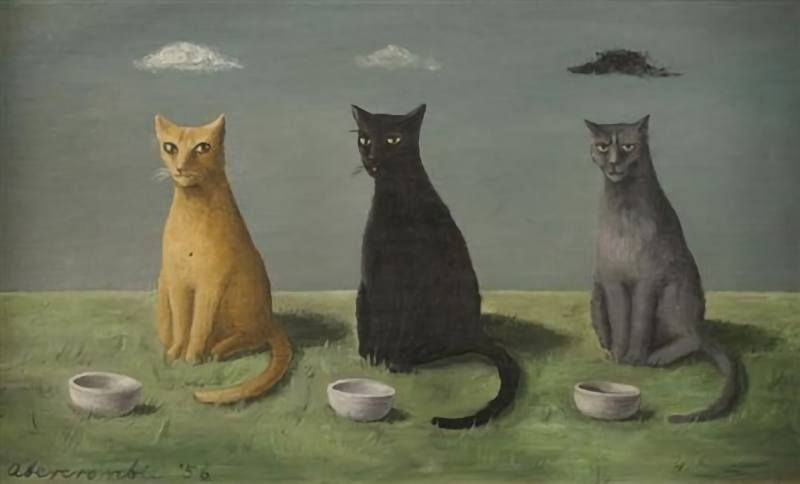A painting titled Three Cats by American painter Gertrude Abercrombie. It depicts a ginger, black and grey cat sitting behind empty bowls with clouds over their heads.  