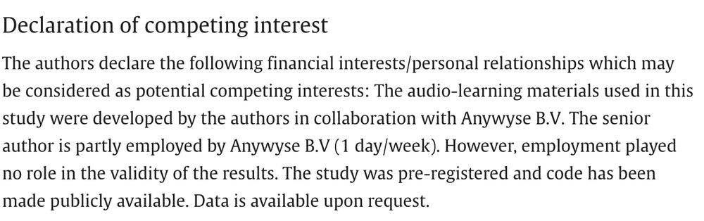 The authors declare the following financial interests/personal relationships which may be considered as potential competing interests: The audio-learning materials used in this study were developed by the authors in collaboration with Anywyse B.V. The senior author is partly employed by Anywyse B.V (1 day/week). However, employment played no role in the validity of the results. The study was pre-registered and code has been made publicly available. Data is available upon request.
