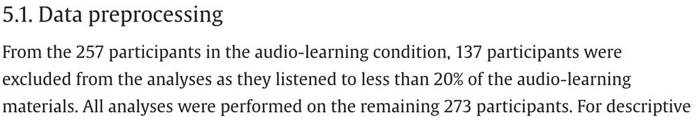 5.1. Data preprocessing
From the 257 participants in the audio-learning condition, 137 participants were excluded from the analyses as they listened to less than 20% of the audio-learning materials. All analyses were performed on the remaining 273 participants. 