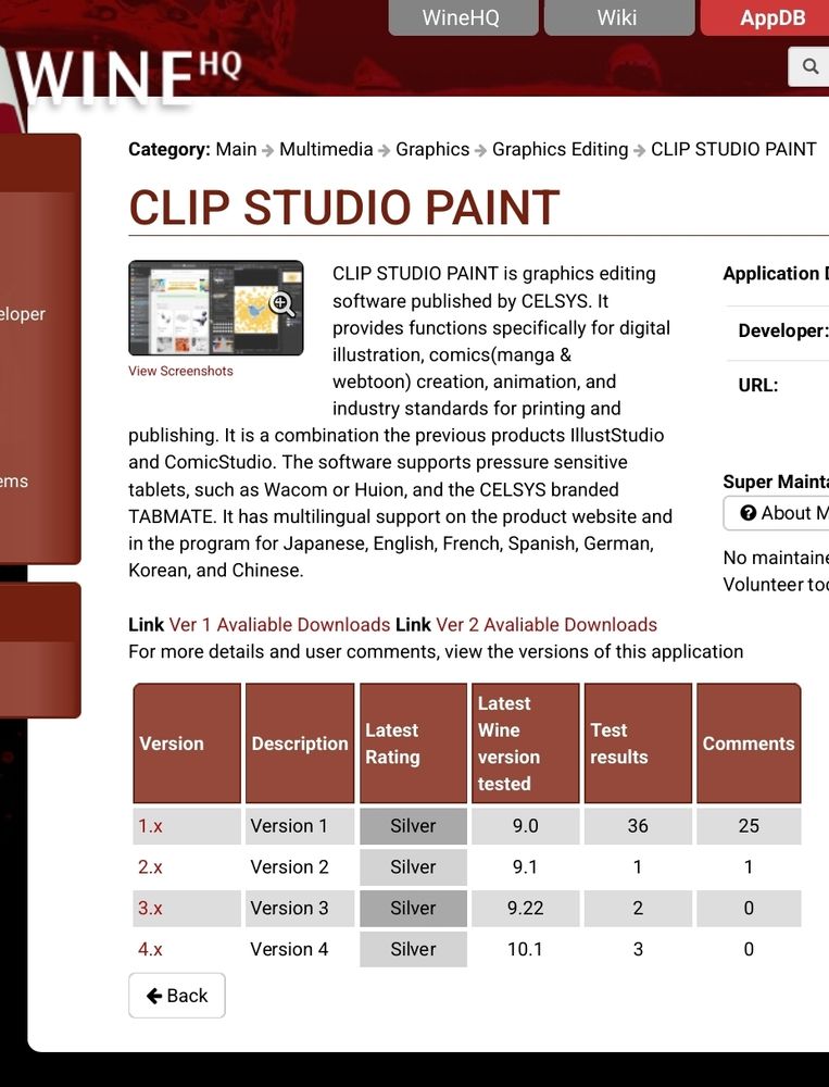WineHQ entry of Clip studio support