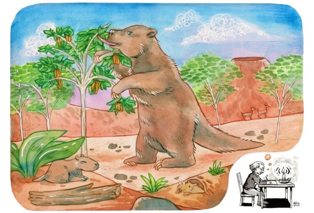 In the bottom right corner, in black and white, is a cartoon of a little man writing a poem by candlelight. The rest of the illustration is a watercolour of his daydream, marked by little thought bubbles coming from the man's head. The daydream shows colourful landscape, with reddish brown geology, a volcano in the background, and clear, blue, skies. In the front and centre is a giant ground sloth standing as tall as a banana tree, using his long tongue to get a branch. Also visible are some Pleistocene deer, a sleepy capybara, and a horned gopher peeking from its den.