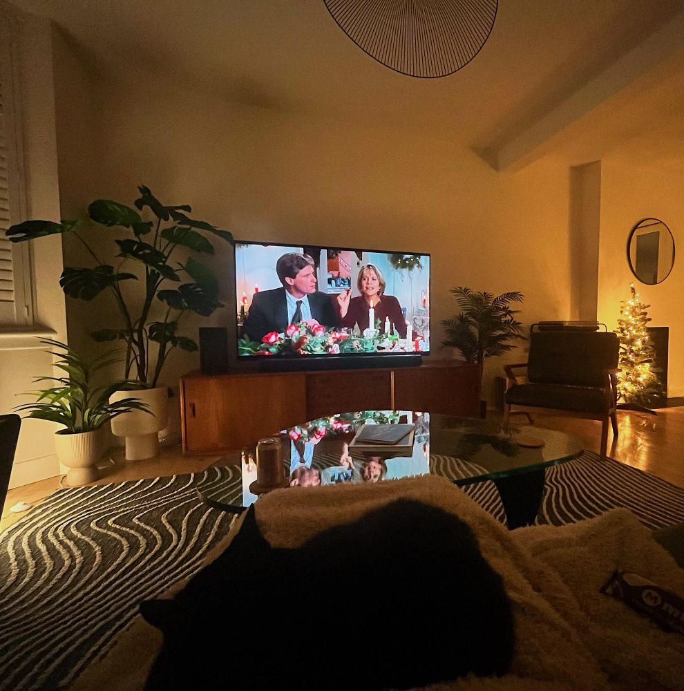 A cosy living room with warm lighting, a TV showing Sleepless in Seattle, a black cat curled up on a lap, a lit Christmas tree, houseplants, and a glass coffee table.