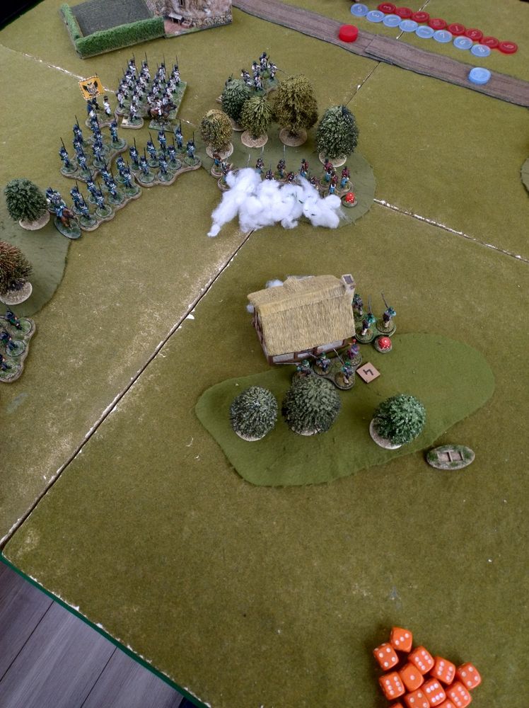 The French deployed skirmishers in a cottage. The Austrian Grenzer opened fire first trying to drive them out