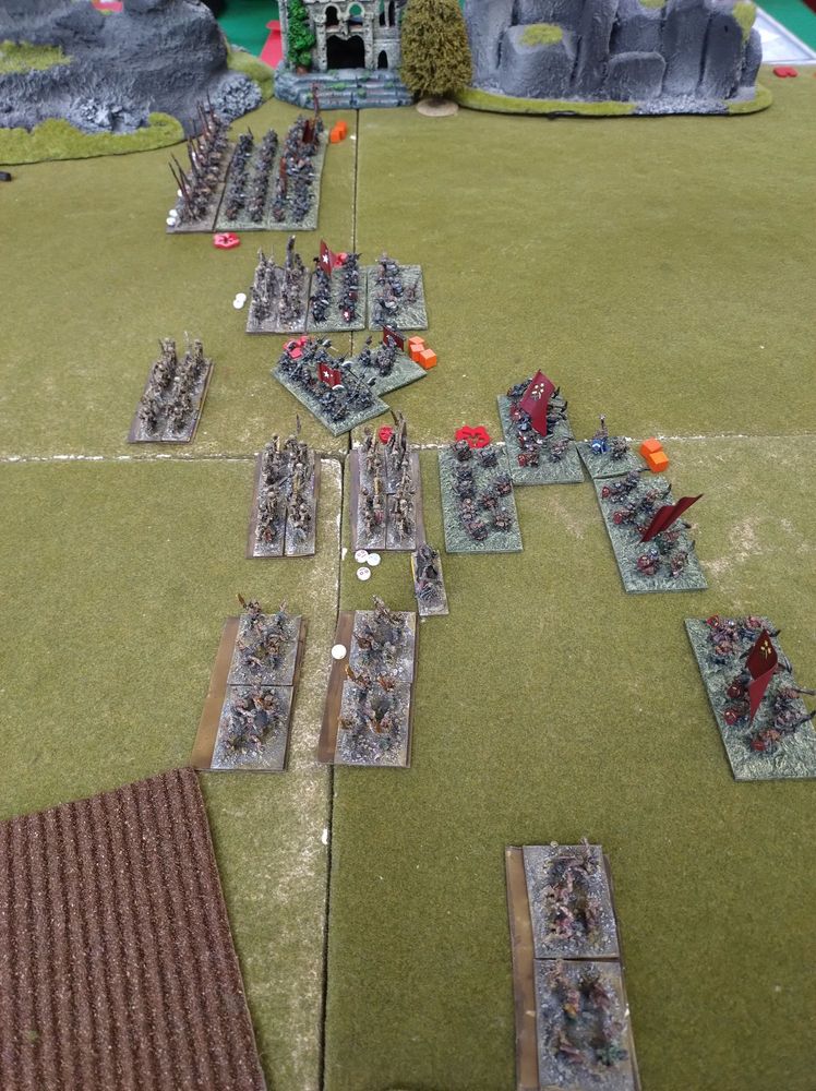 Overview of 15mm fantasy wargame. Undead on the left and dwarves on the right