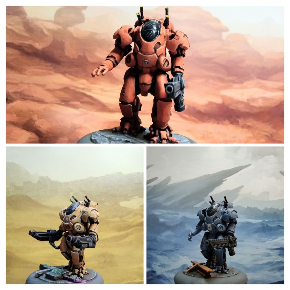 Collage of 3 pictures of science miniatures. Each with a background picture matching the colour of the miniature