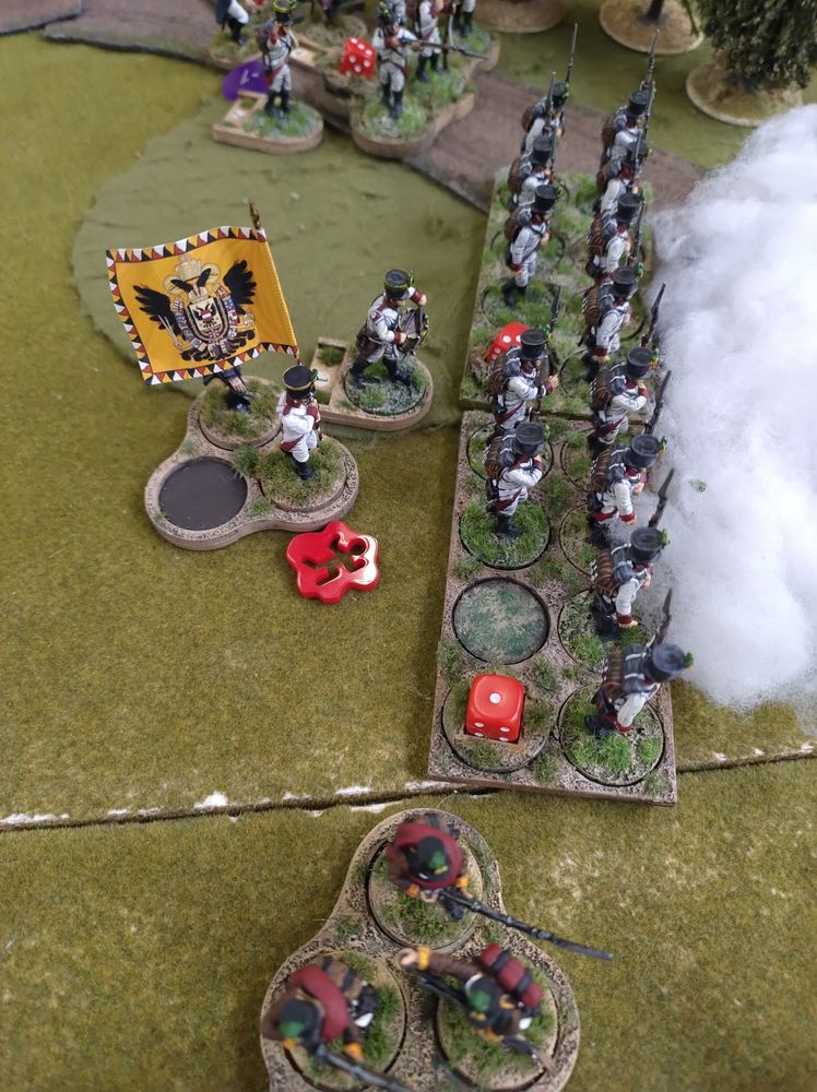 Snatching a draw from the Jaws of victory. When advancing to follow the defeated Grenadiers the Austrian Commander is killed. 3 hits at long range, 3 sixes, 2 kills, 1, 1 