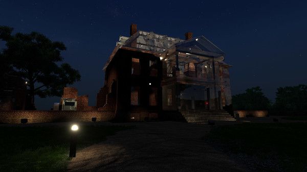 Screenshot of Blackhaven hall at night: a large colonial-era red brick plantation. A solid half of the original construction is missing, and has been replaced by a modern glass-and-steel reproduction. 