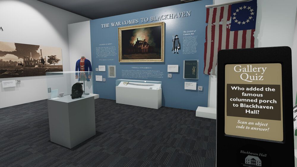 Screenshot of walking through one of the Blackhaven museum exhibits titled "The War Comes to Blackhaven". Various Revolutionary war era objects and paintings are on display. Kendra is holding up a small tablet with trivia questions on the exhibit. 