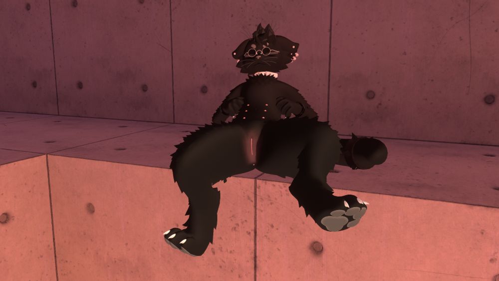 The same kitty is now lying while leaning backwards with its legs spread and its eyes closed. The kitty isn't wearing any clothes, and you can see its entire solid colored body