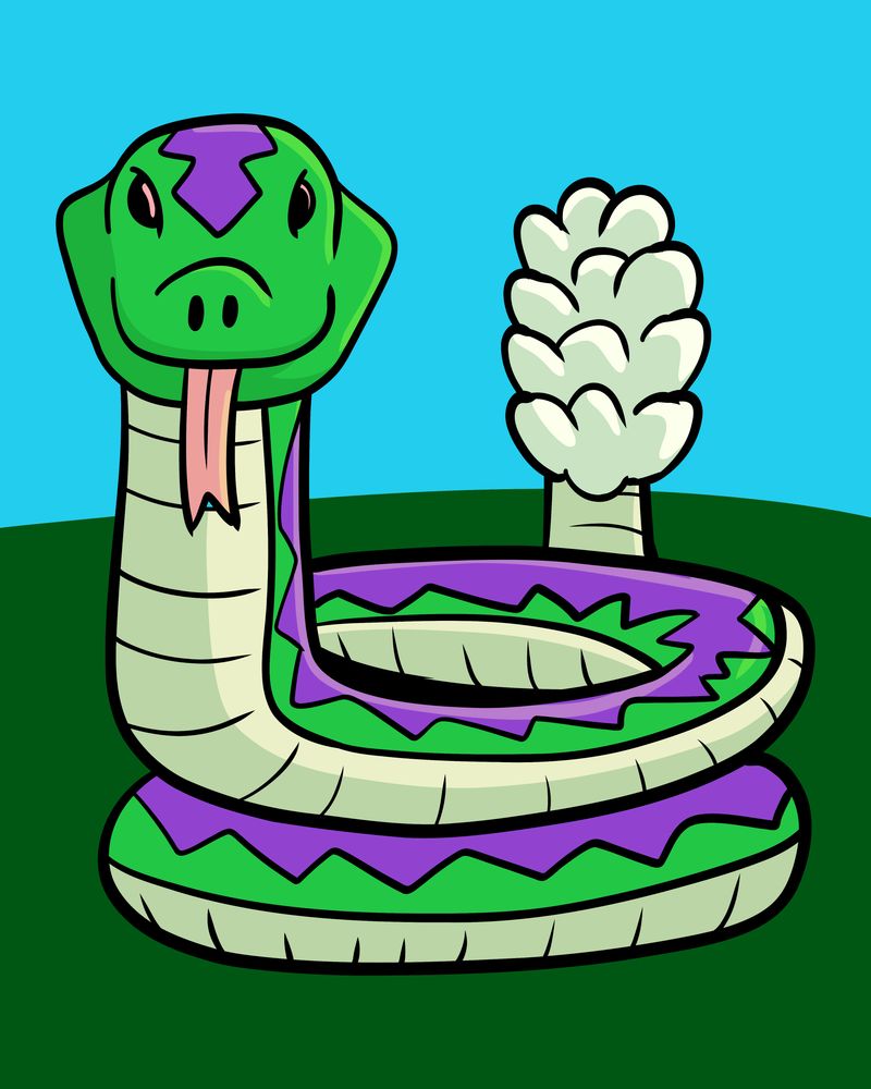 A cartoon illustration of a large, green and purple snake coiled on a dark green field under a bright blue sky. The snake has a friendly, smiling expression and a pink forked tongue hanging out. Its body is bright green with a light beige belly, and it has a striking purple, diamond pattern running down its back. It has a rattle on its tail. 
