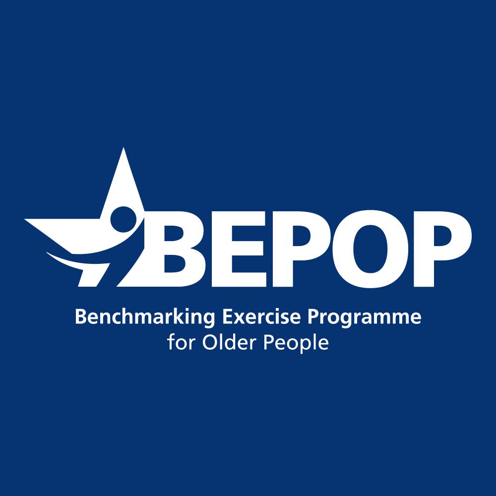 BEPOP (benchmarking exercise programme for older people) logo white on blue