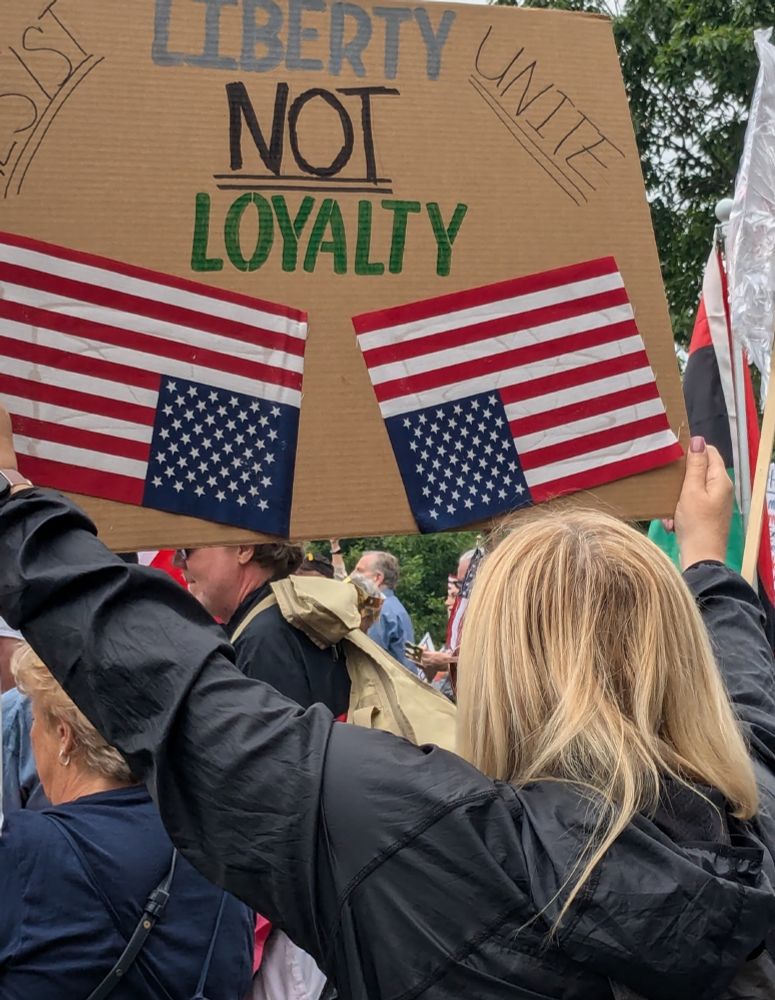 Protest sign with upside-down US flags and the words Resist, Unite, Liberty Not Loyalty