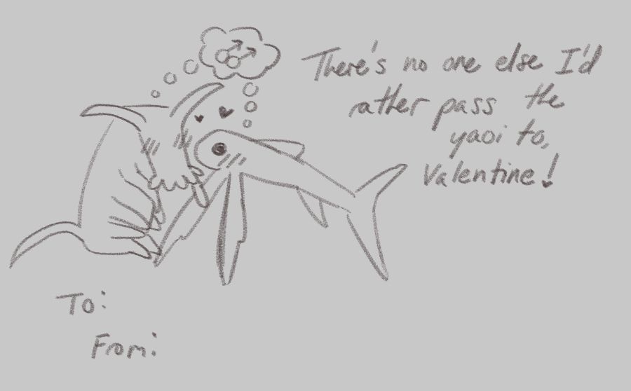The pass the yaoi sea pig and tripod fish holding hands while thinking of yaoi with the text "there's no one else I'd rather pass the yaoi to, Valentine!"