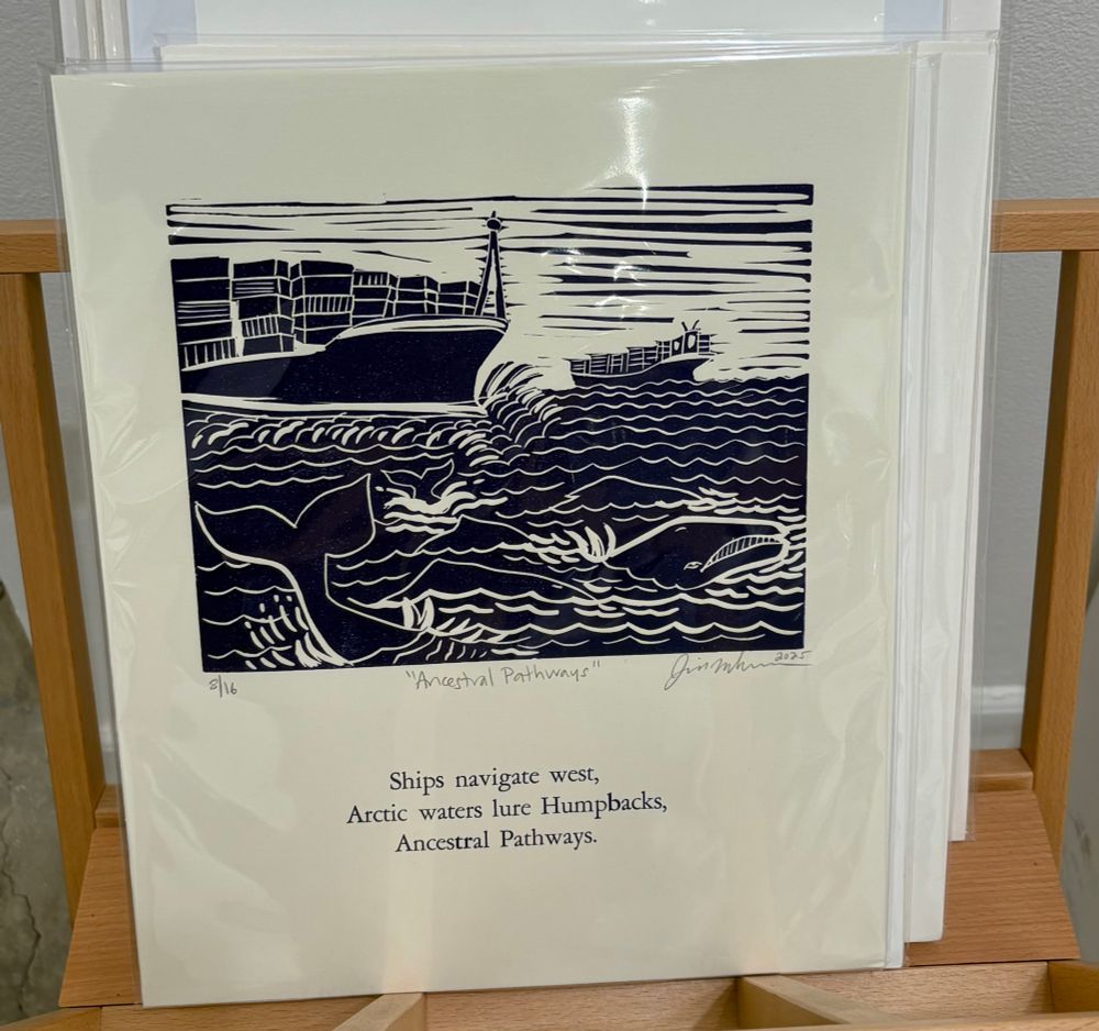 Humpbacks swim in seas crowded with freighters as a black-and-white woodcut print.