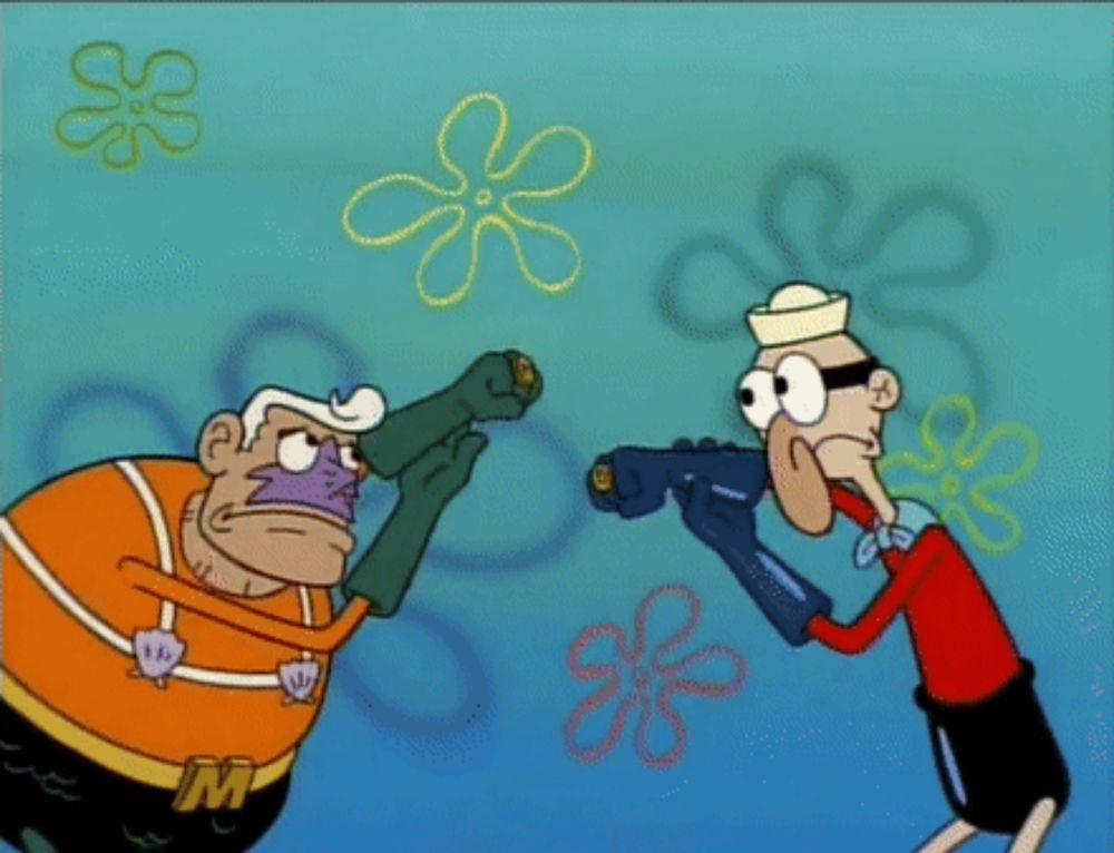 a cartoon of a man in a spongebob suit fighting another man