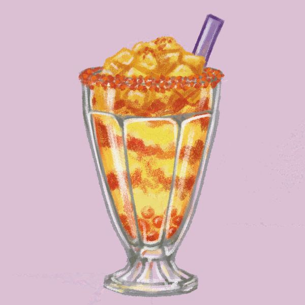 A sticker design featuring an old fashioned soda fountain glass filled with mangonada.  There is a swirl of tajin on the side of the glass, the glass is rimmed with tajin, and there are diced mango chunks on top of the glass topped with more tajin, with a pretty purple straw