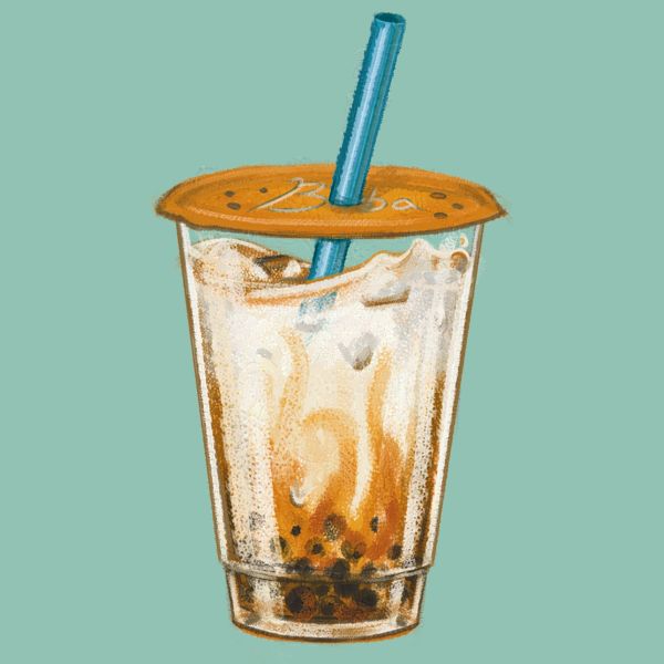 A sticker design featuring a tiger striped brown sugar milk tea and tapioca boba pearls in a classic plastic cup with a sticker lid and a blue straw.